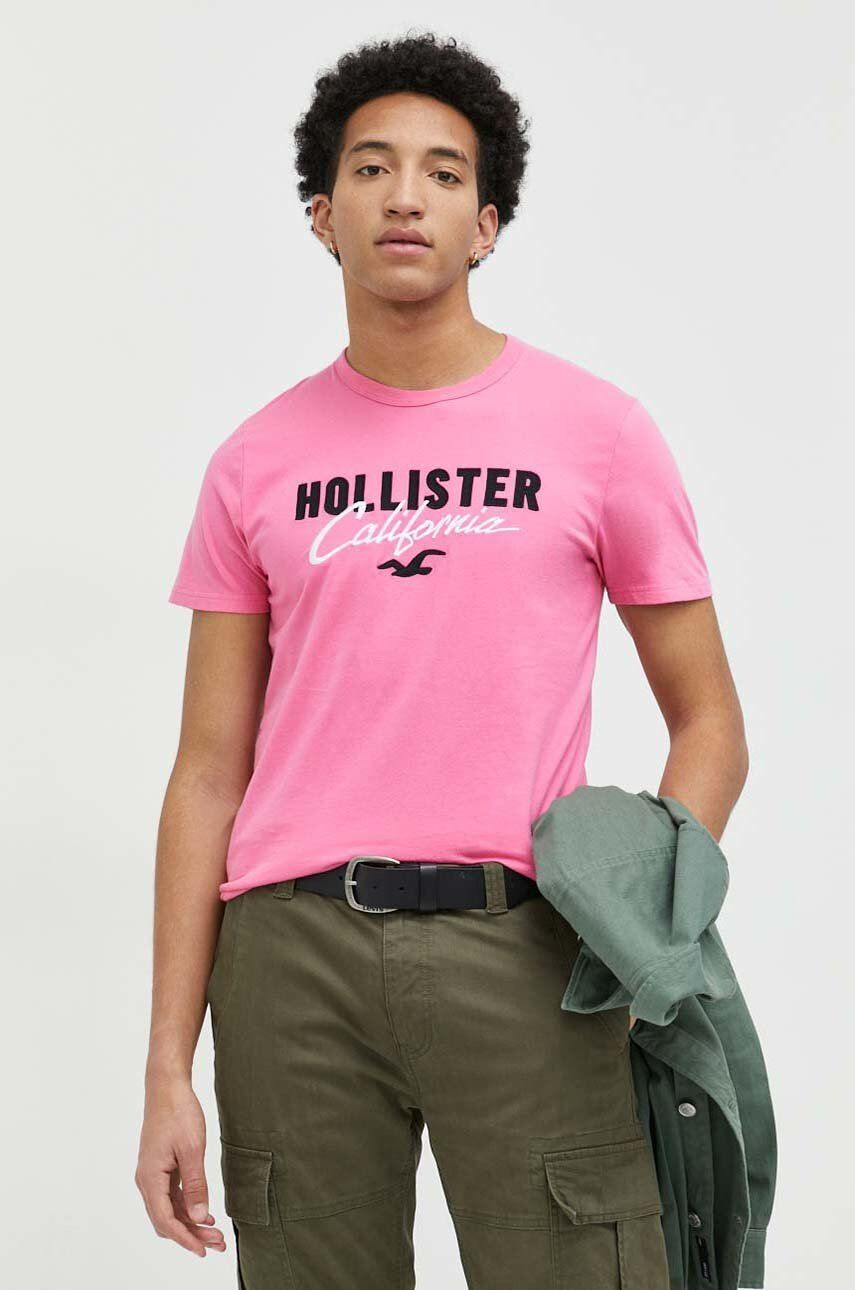 Hollister Co. Bavlněné tričko růžová barva s aplikací - Pepit.cz