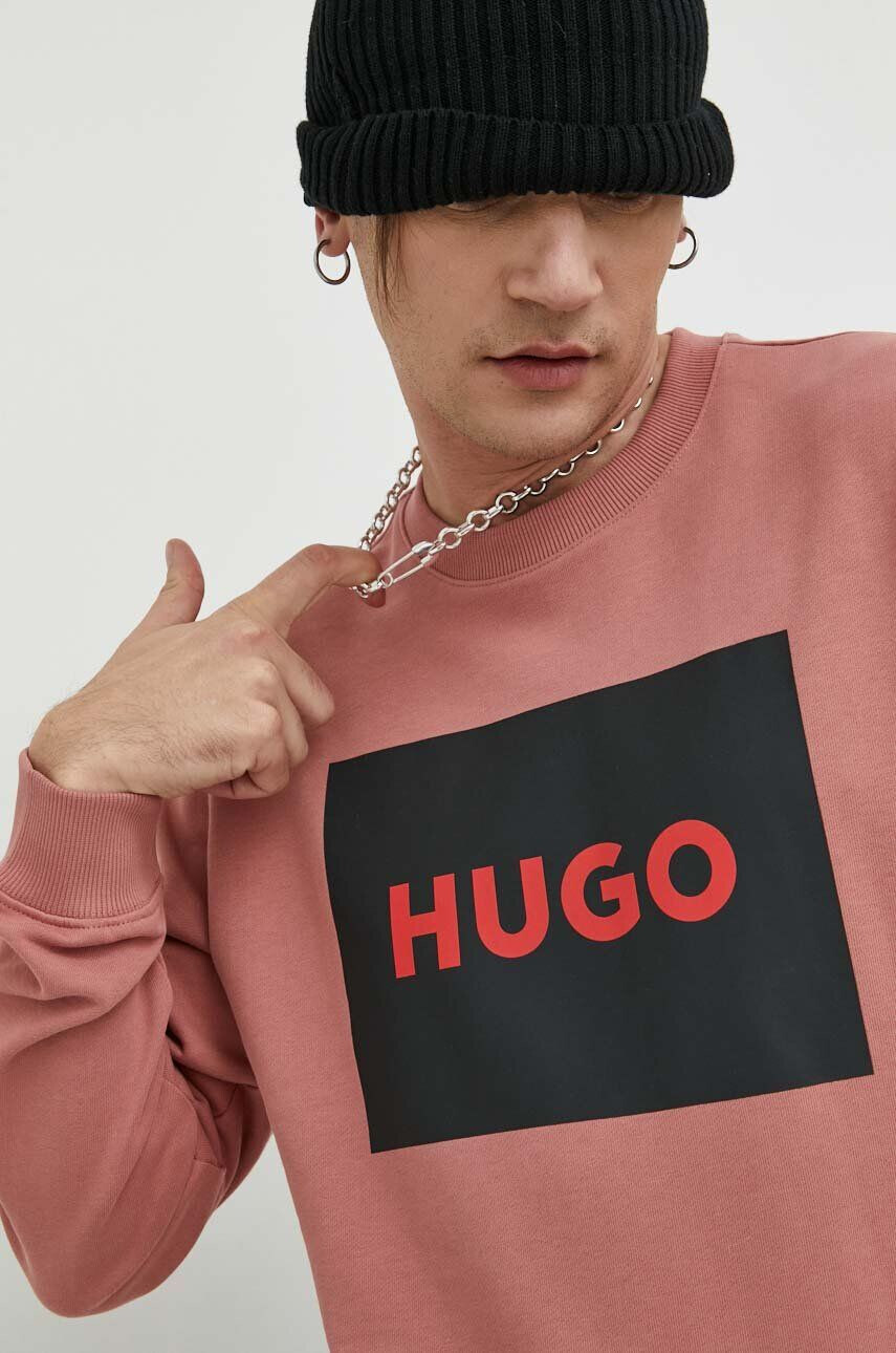 Hugo Bavlněná mikina pánská růžová barva s potiskem - Pepit.cz