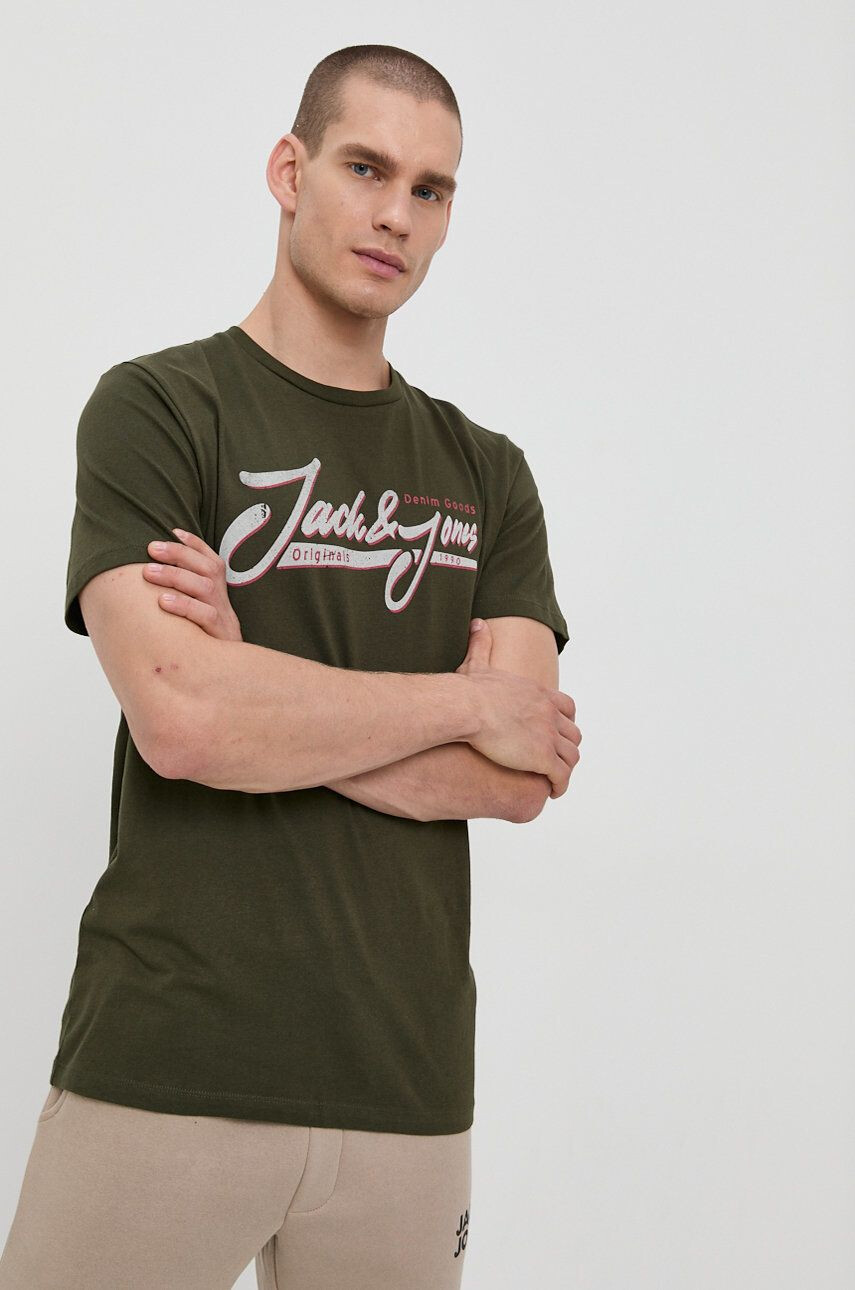 Jack & Jones Bavlněné tričko zelená barva s potiskem - Pepit.cz