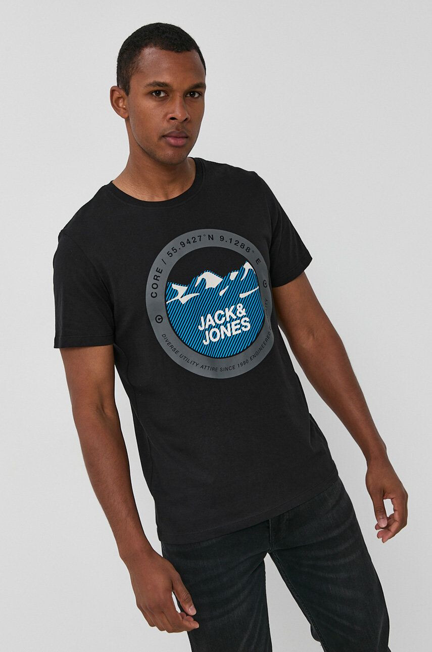 Jack & Jones Bavlněné tričko černá barva s potiskem - Pepit.cz