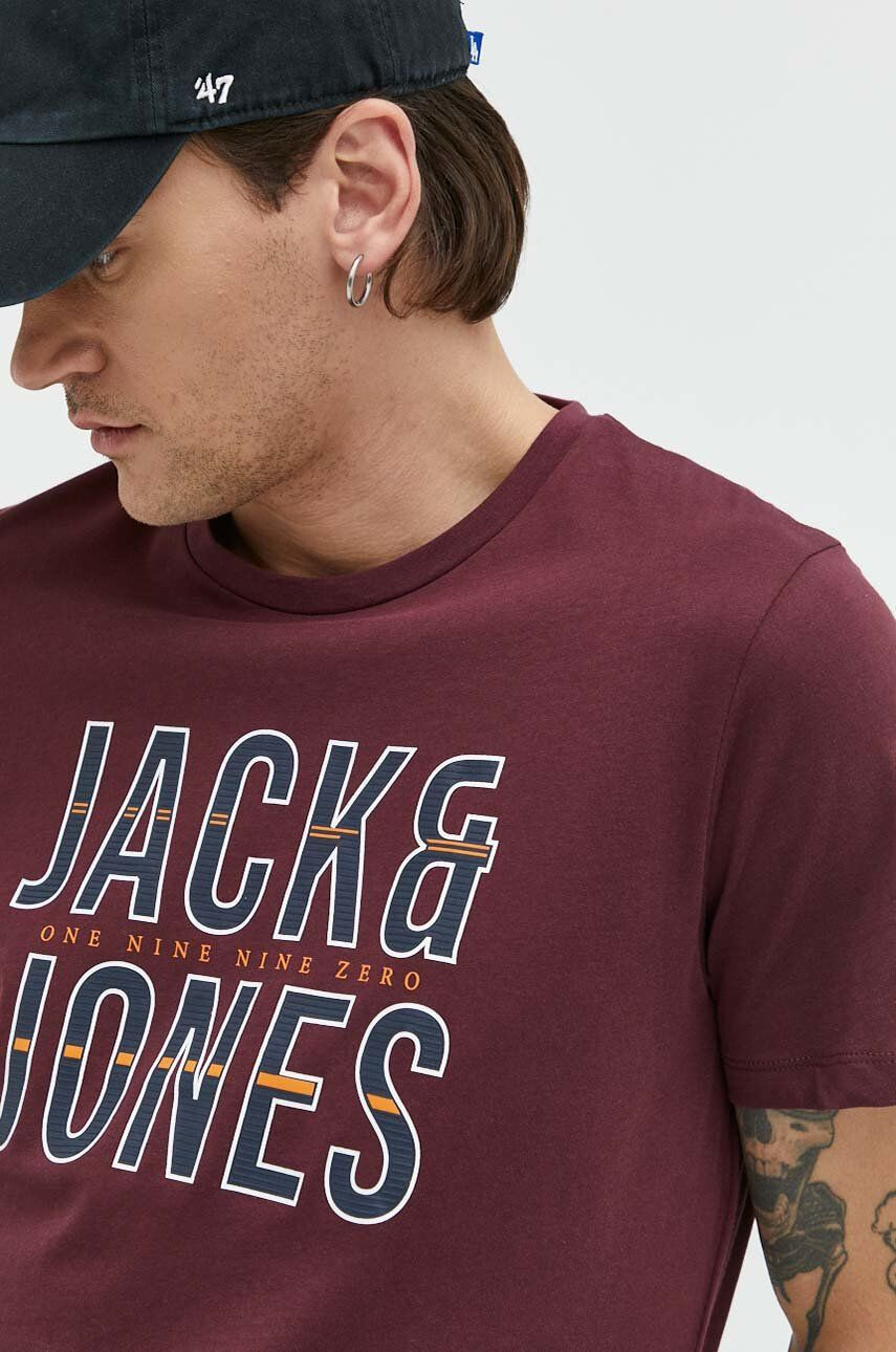 Jack & Jones bavlněné tričko vínová barva s potiskem - Pepit.cz