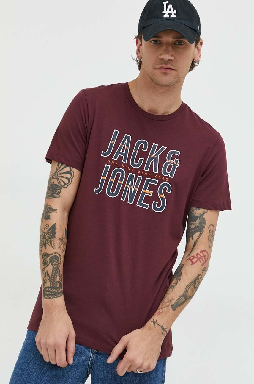 Jack & Jones bavlněné tričko vínová barva s potiskem - Pepit.cz