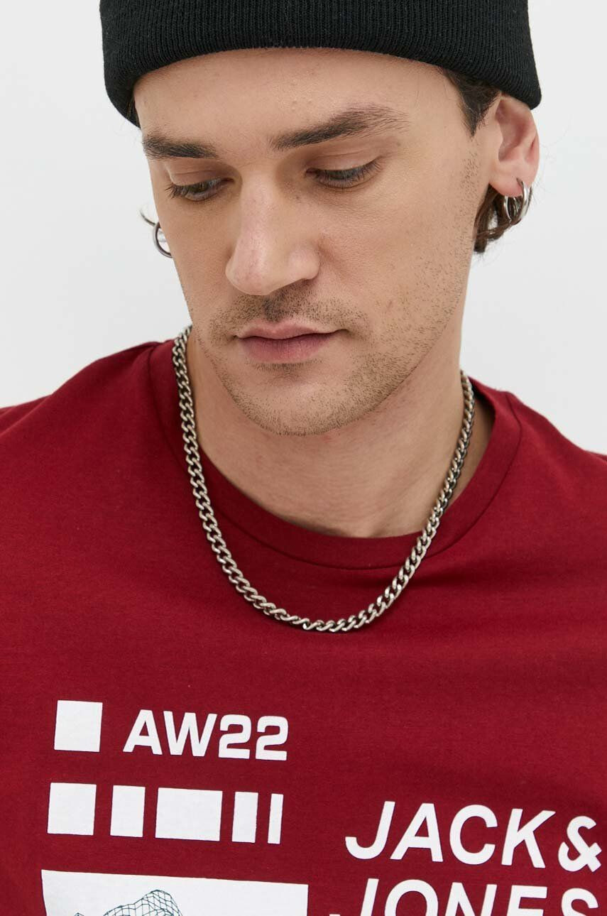 Jack & Jones bavlněné tričko vínová barva s potiskem - Pepit.cz