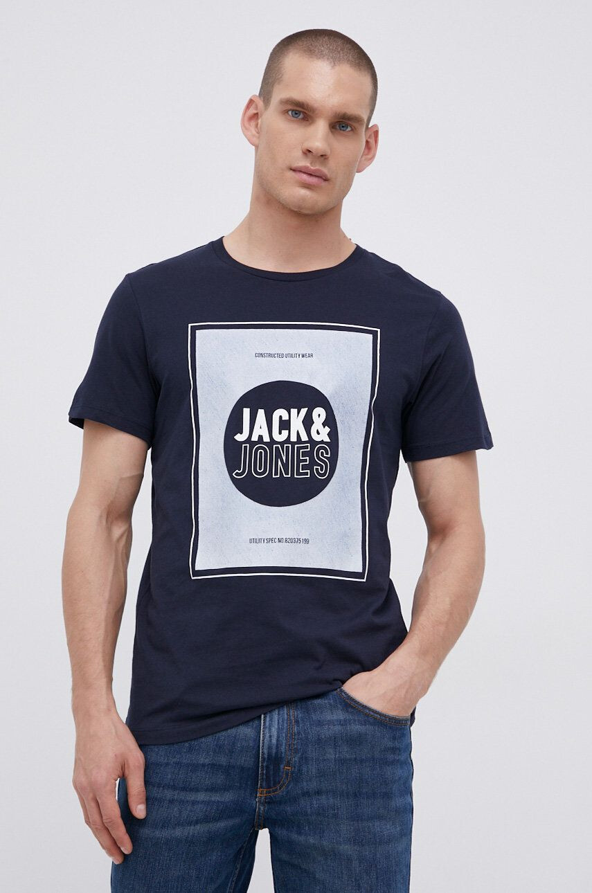 Jack & Jones Bavlněné tričko tmavomodrá barva s potiskem - Pepit.cz