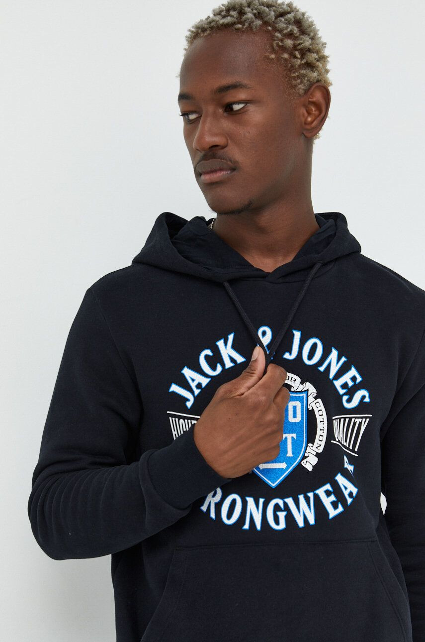 Jack & Jones Mikina pánská černá barva s kapucí s potiskem - Pepit.cz