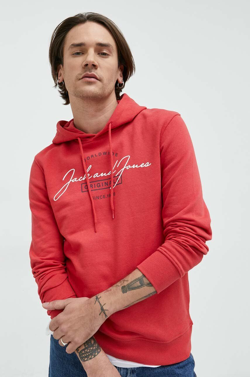 Jack & Jones Mikina pánská červená barva s kapucí s potiskem - Pepit.cz