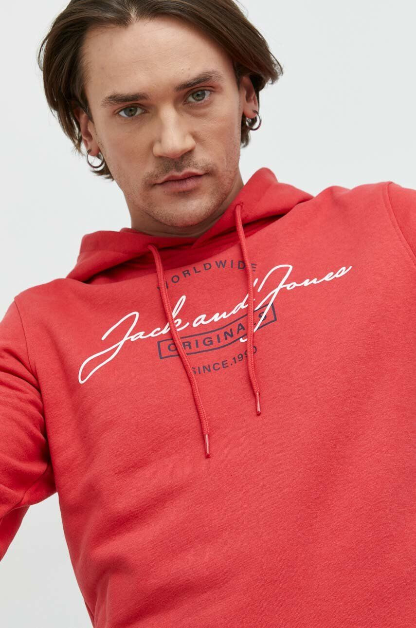 Jack & Jones Mikina pánská červená barva s kapucí s potiskem - Pepit.cz