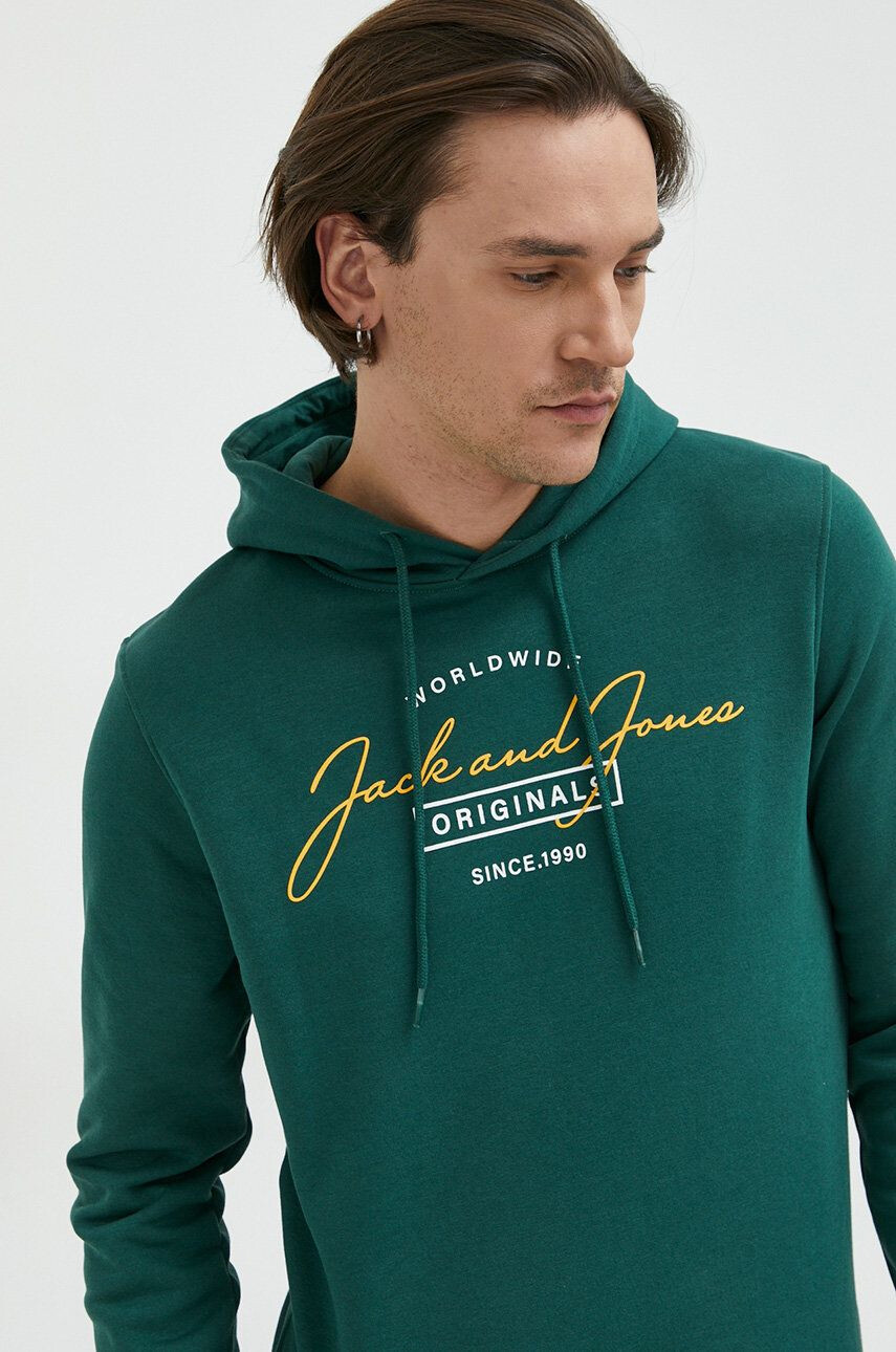 Jack & Jones Mikina pánská zelená barva s kapucí s potiskem - Pepit.cz