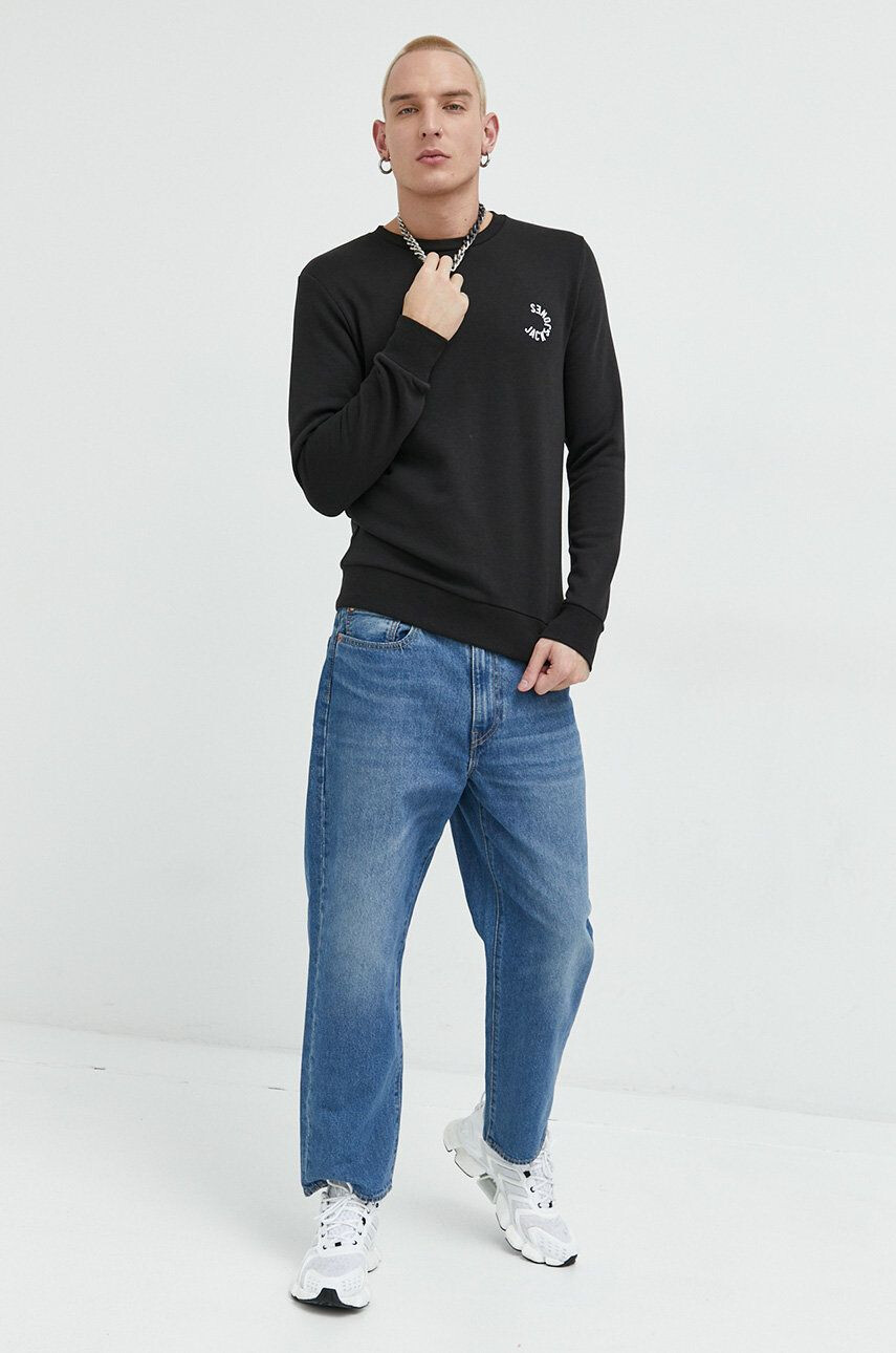 Jack & Jones Mikina JCOBLUR PANEL SWEAT CREW NECK FST pánská černá barva s potiskem 12225433 - Pepit.cz