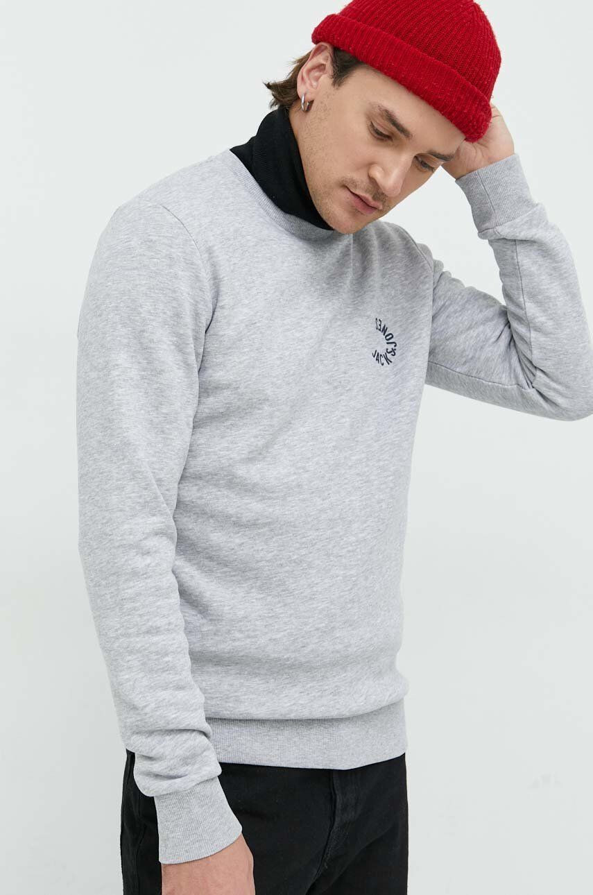 Jack & Jones Mikina JCOBLUR PANEL SWEAT CREW NECK FST pánská šedá barva s potiskem 12225433 - Pepit.cz