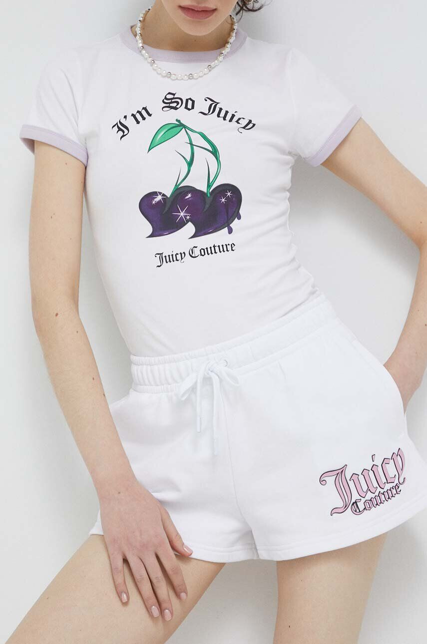 Juicy Couture Kraťasy dámské bílá barva s potiskem high waist - Pepit.cz