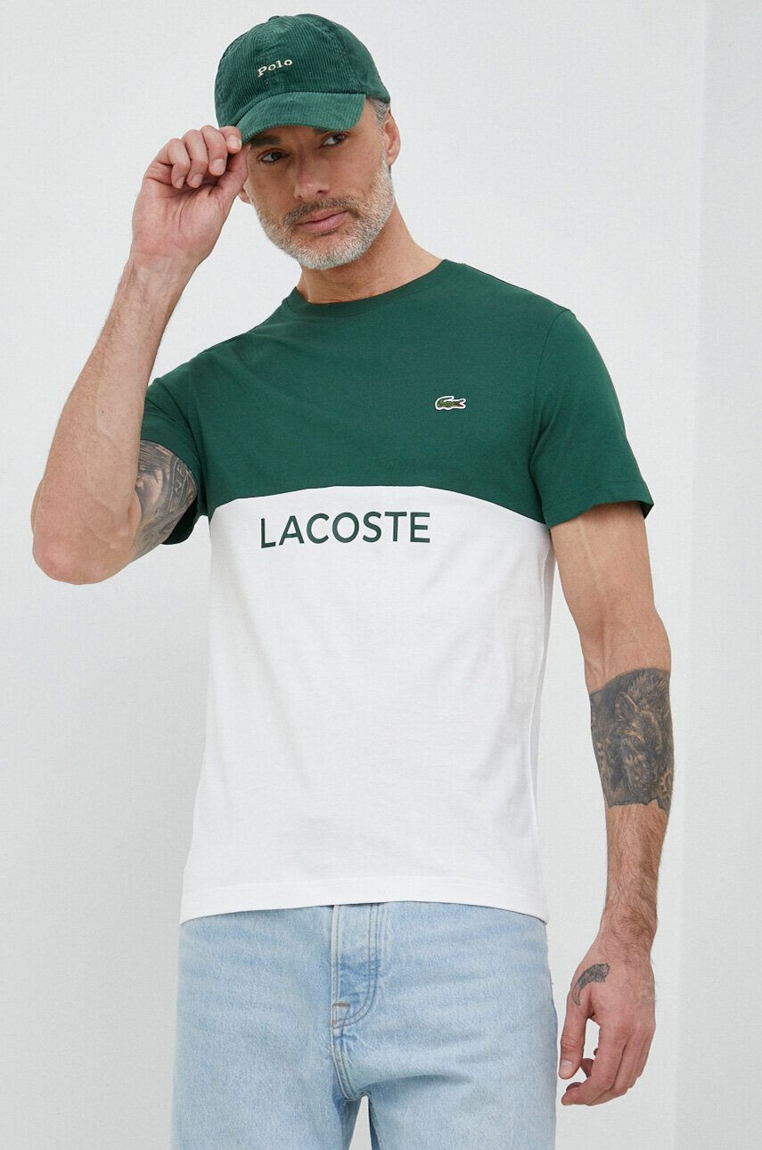 Lacoste Bavlněné tričko béžová barva s potiskem - Pepit.cz