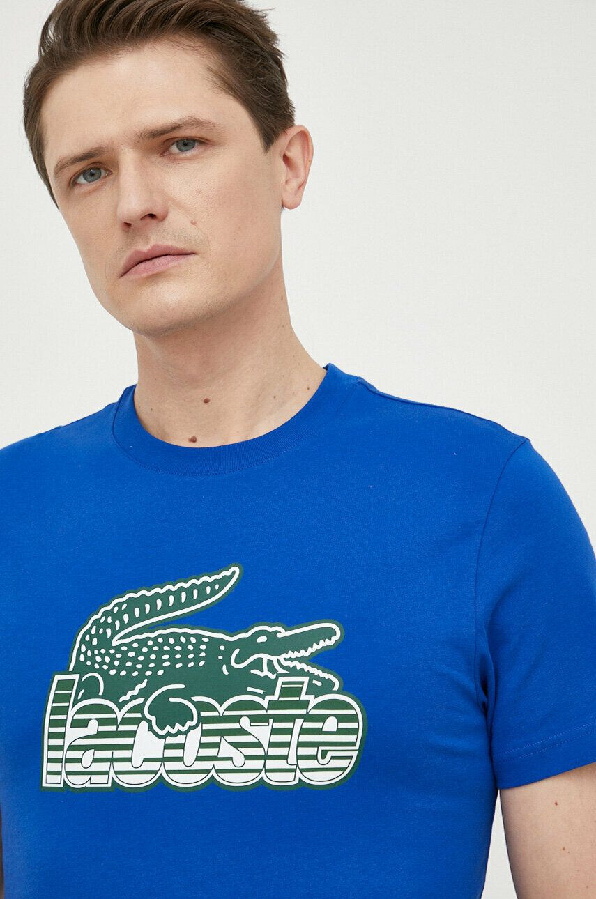 Lacoste Bavlněné tričko tmavomodrá barva s potiskem - Pepit.cz