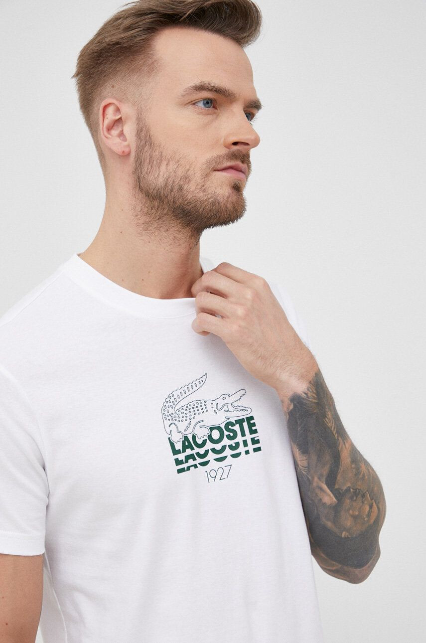 Lacoste Bavlněné tričko bílá barva s potiskem - Pepit.cz