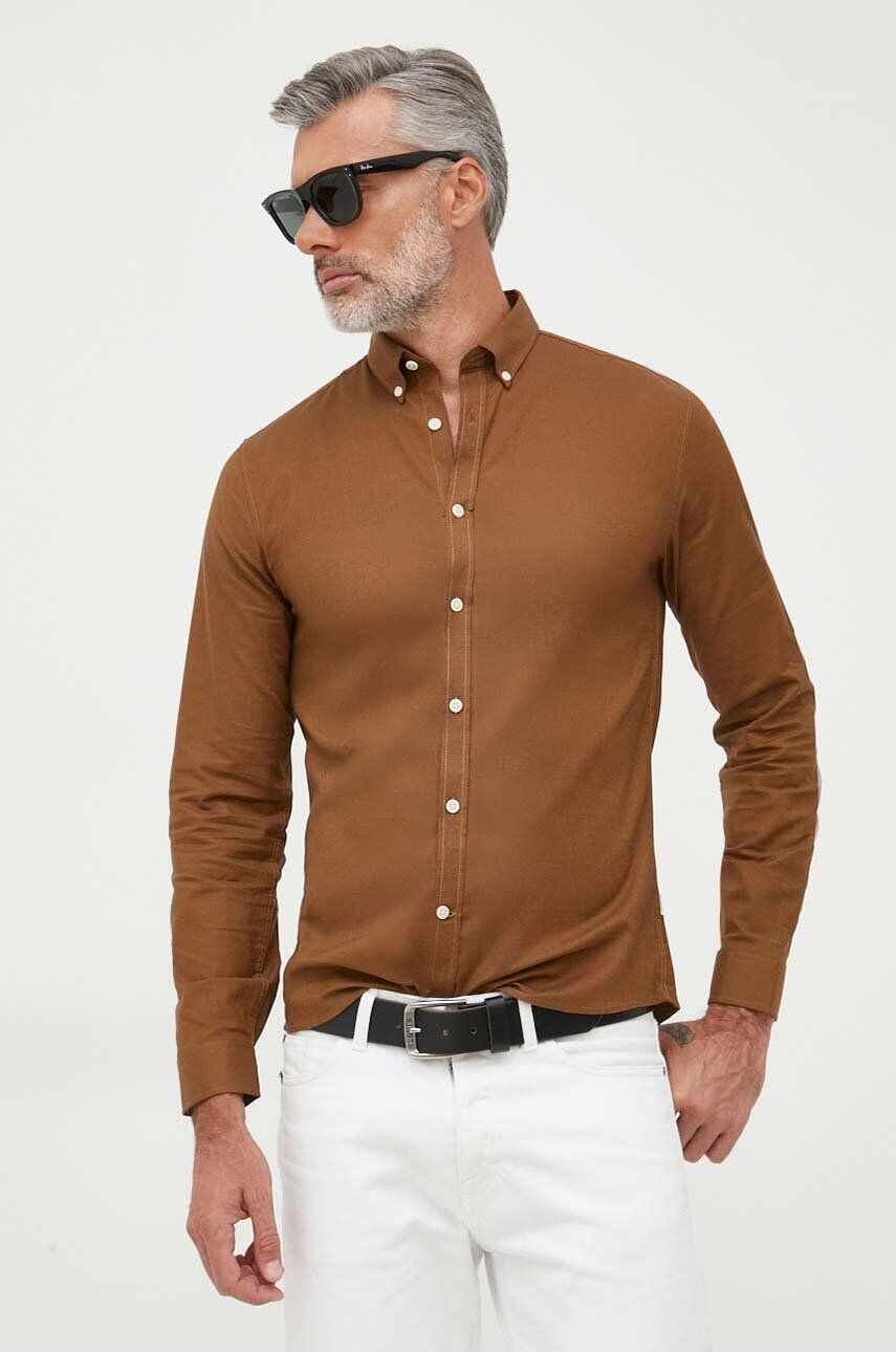 Lindbergh Košile pánská hnědá barva slim s límečkem button-down - Pepit.cz