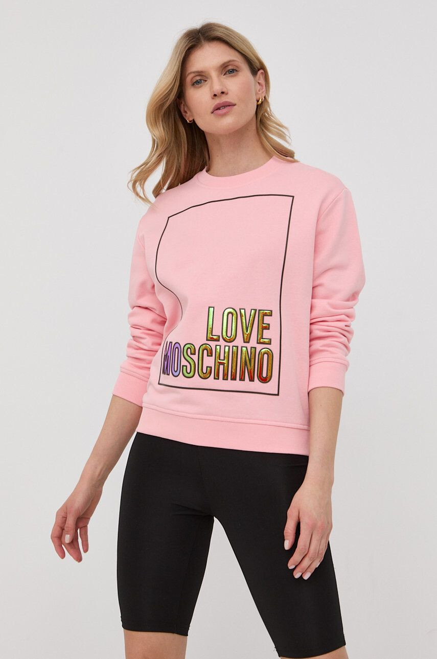 Love Moschino Bavlněná mikina dámská růžová barva s aplikací - Pepit.cz