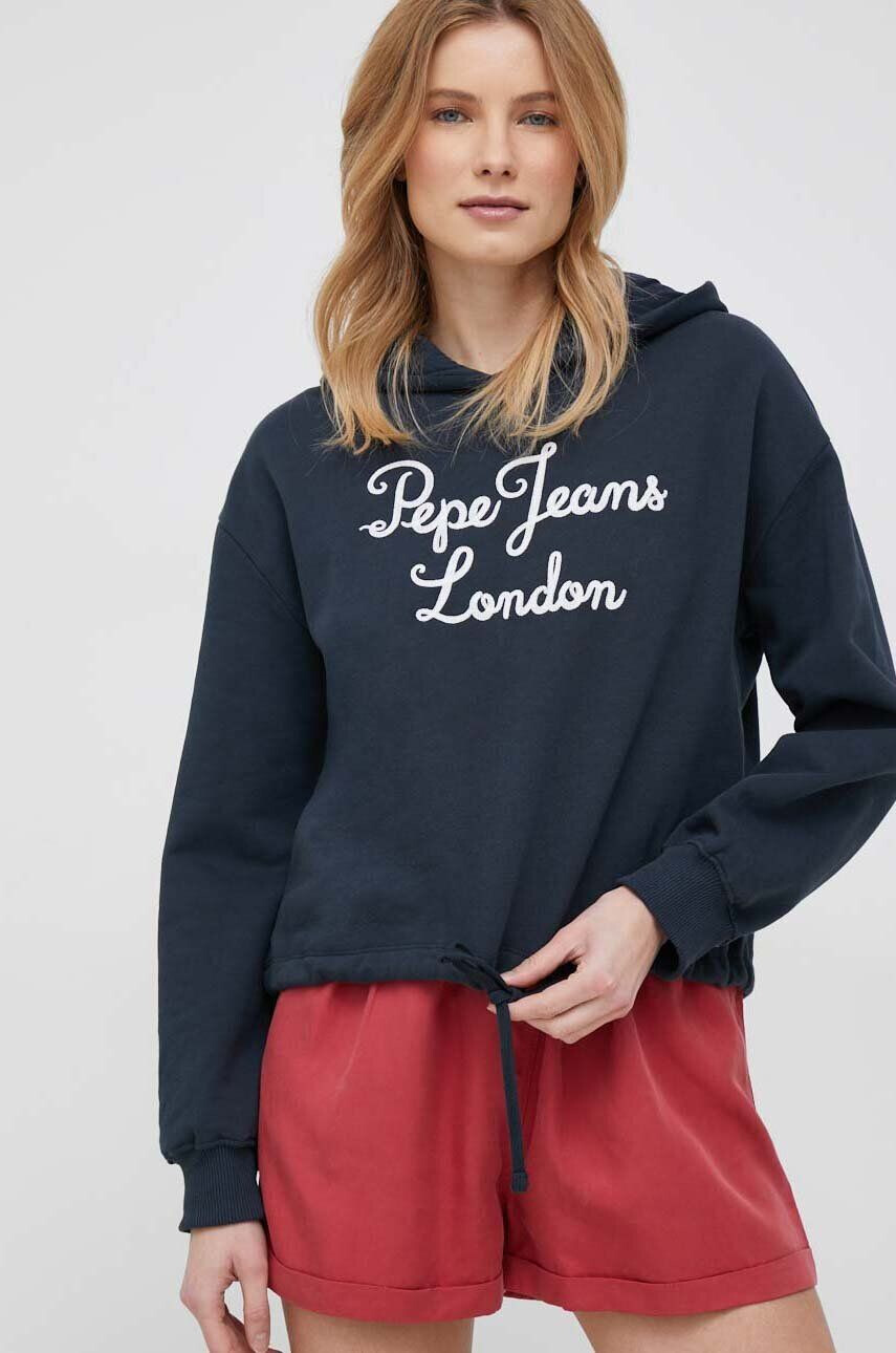 Pepe Jeans Bavlněná mikina dámská tmavomodrá barva s kapucí s aplikací - Pepit.cz