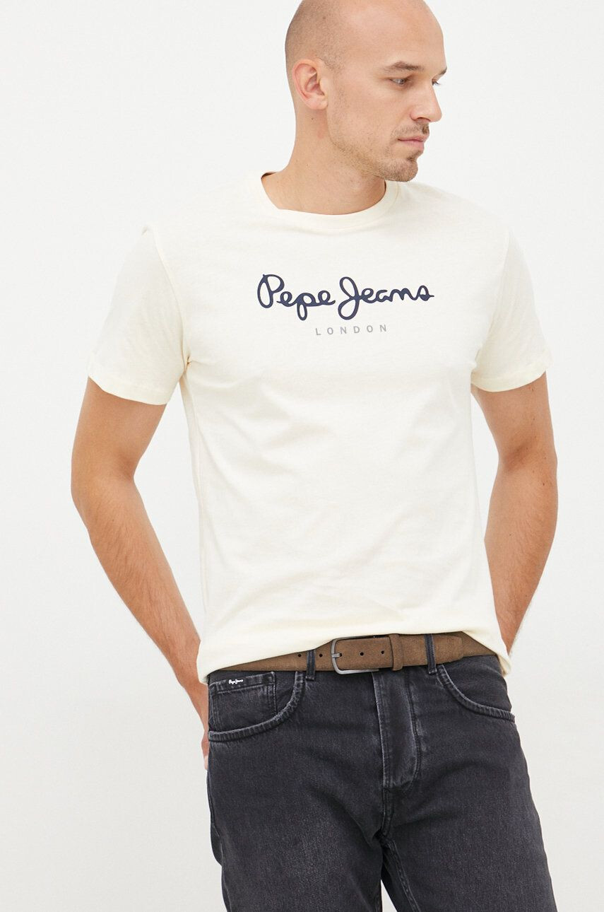 Pepe Jeans Bavlněné tričko béžová barva s potiskem - Pepit.cz