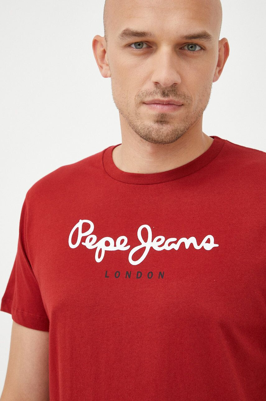 Pepe Jeans Bavlněné tričko vínová barva s potiskem - Pepit.cz