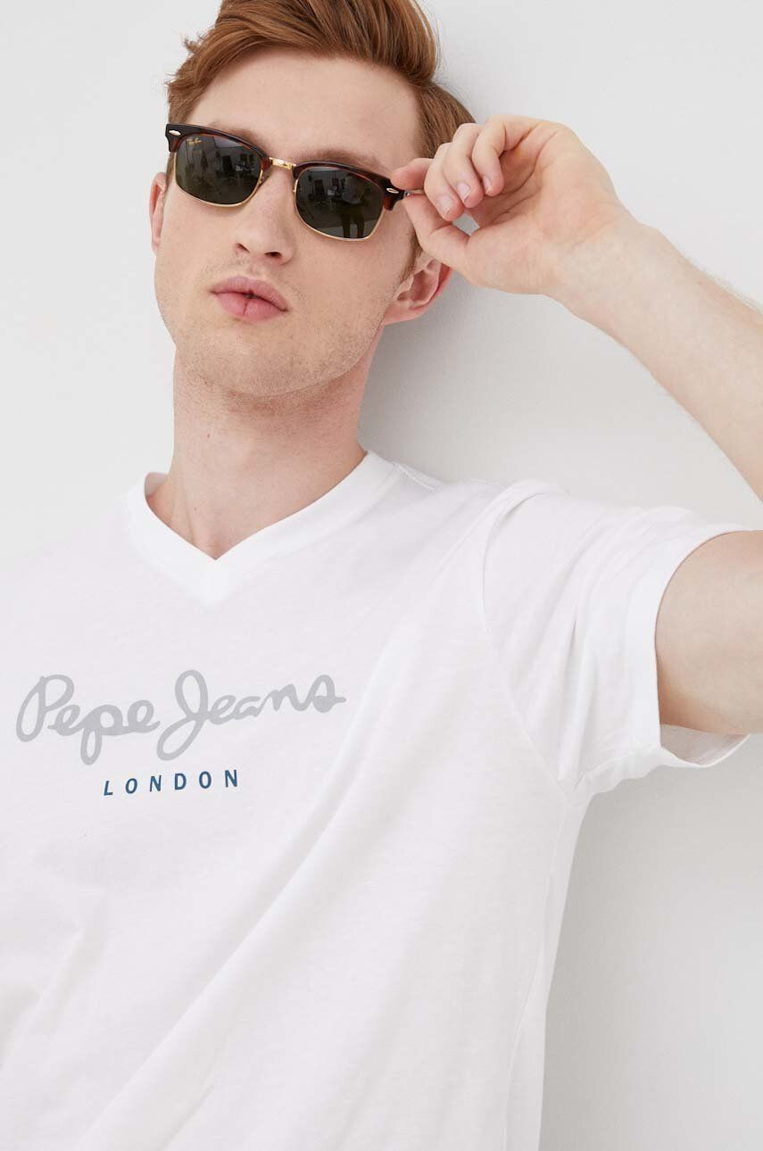 Pepe Jeans Bavlněné tričko Eggo V N bílá barva s potiskem - Pepit.cz