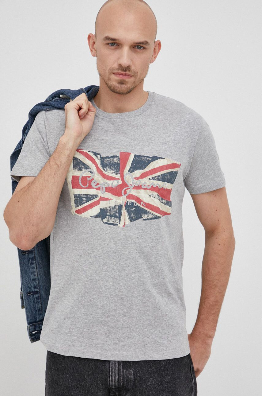 Pepe Jeans Bavlněné tričko Flag Logo N šedá barva s potiskem - Pepit.cz