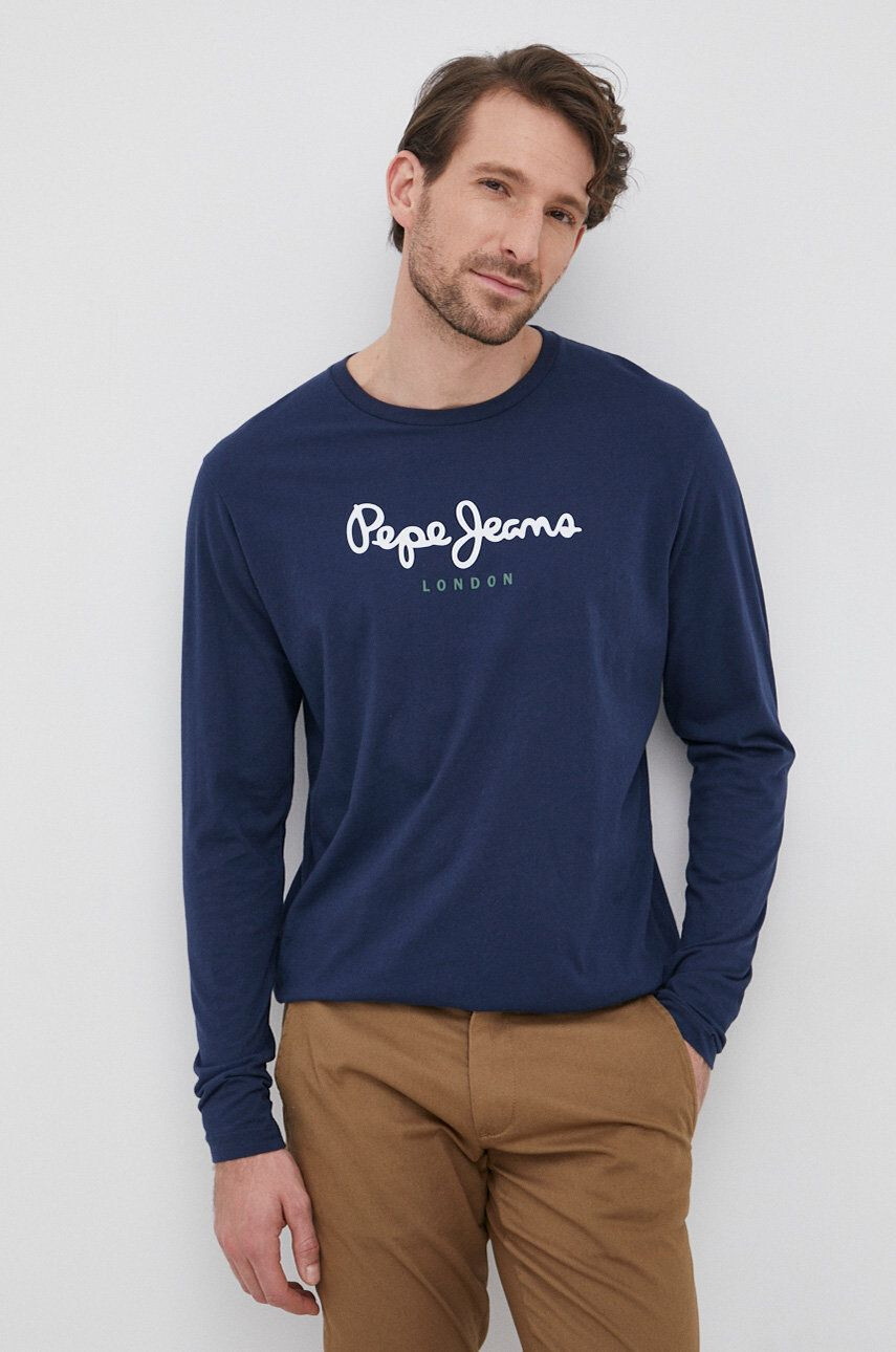 Pepe Jeans Bavlněné tričko s dlouhým rukávem tmavomodrá barva s potiskem - Pepit.cz