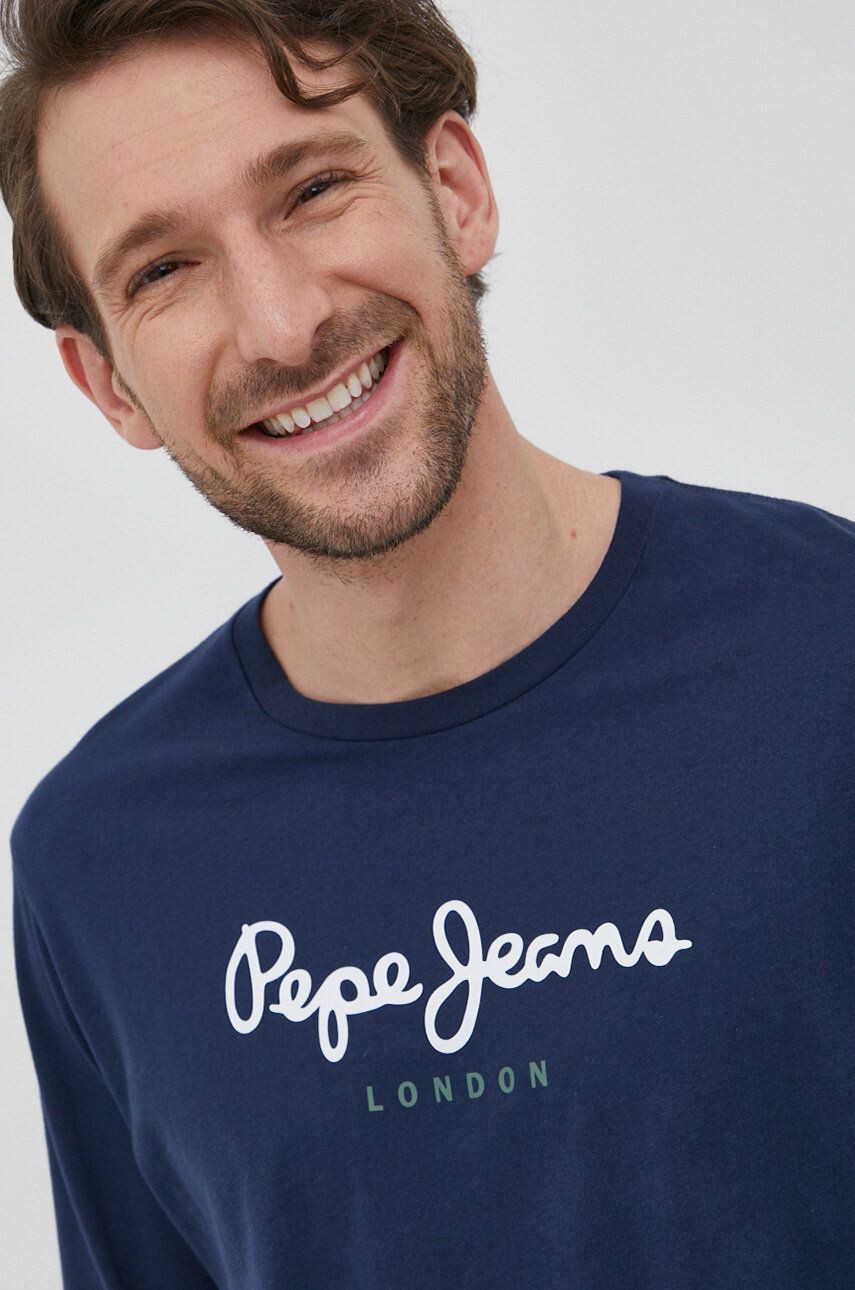 Pepe Jeans Bavlněné tričko s dlouhým rukávem tmavomodrá barva s potiskem - Pepit.cz