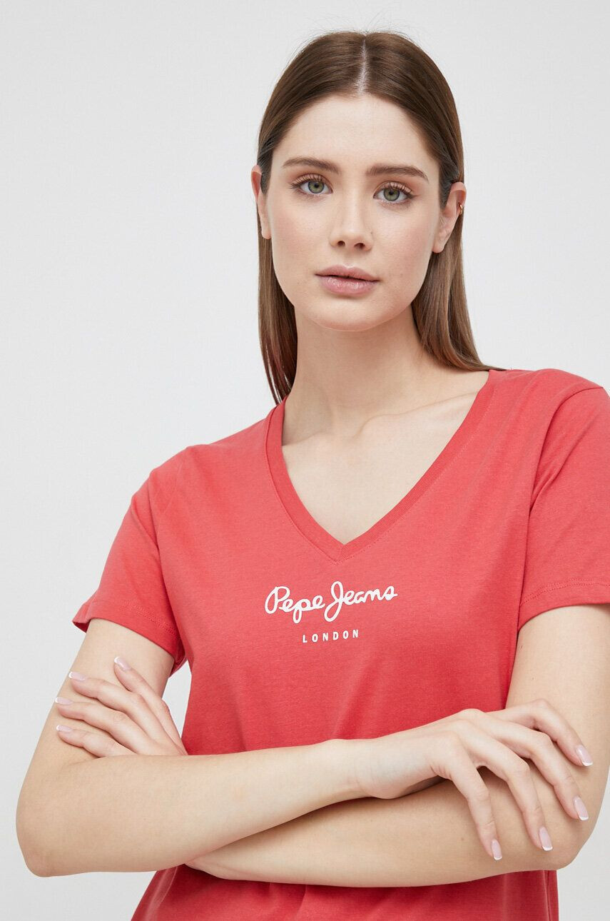 Pepe Jeans Bavlněné tričko Wendy V Neck červená barva - Pepit.cz