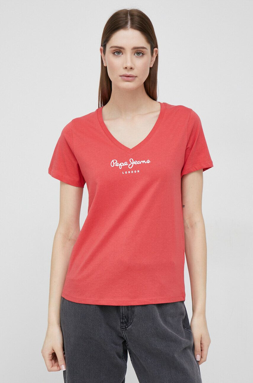 Pepe Jeans Bavlněné tričko Wendy V Neck červená barva - Pepit.cz