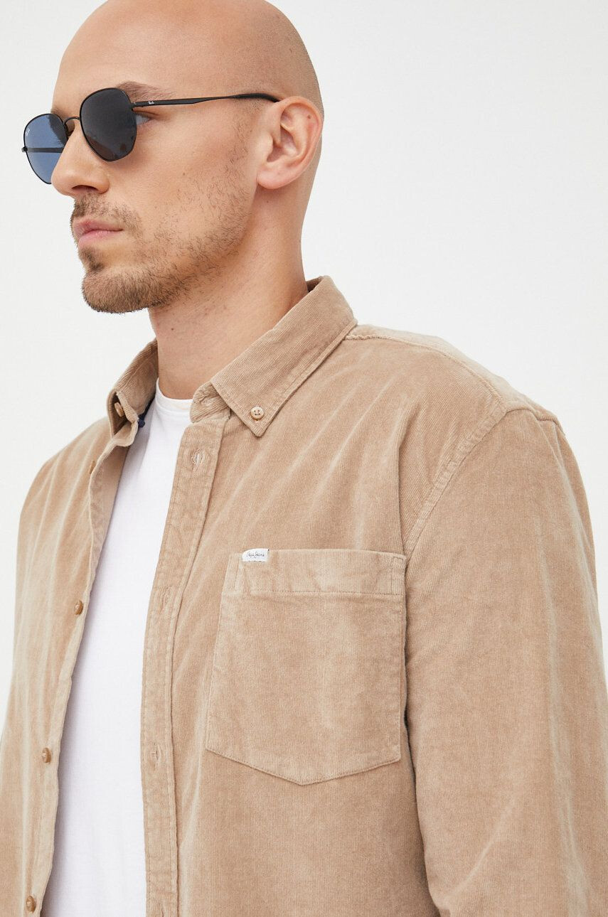 Pepe Jeans Manšestrová košile pánská béžová barva regular s límečkem button-down - Pepit.cz