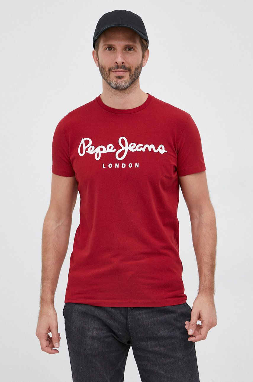 Pepe Jeans Tričko pánské vínová barva s potiskem - Pepit.cz