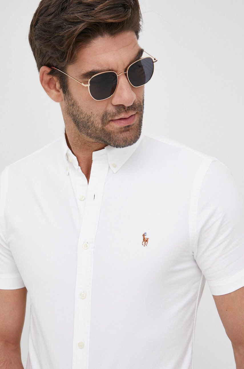 Polo Ralph Lauren Bavlněné tričko pánská bílá barva slim s límečkem button-down - Pepit.cz