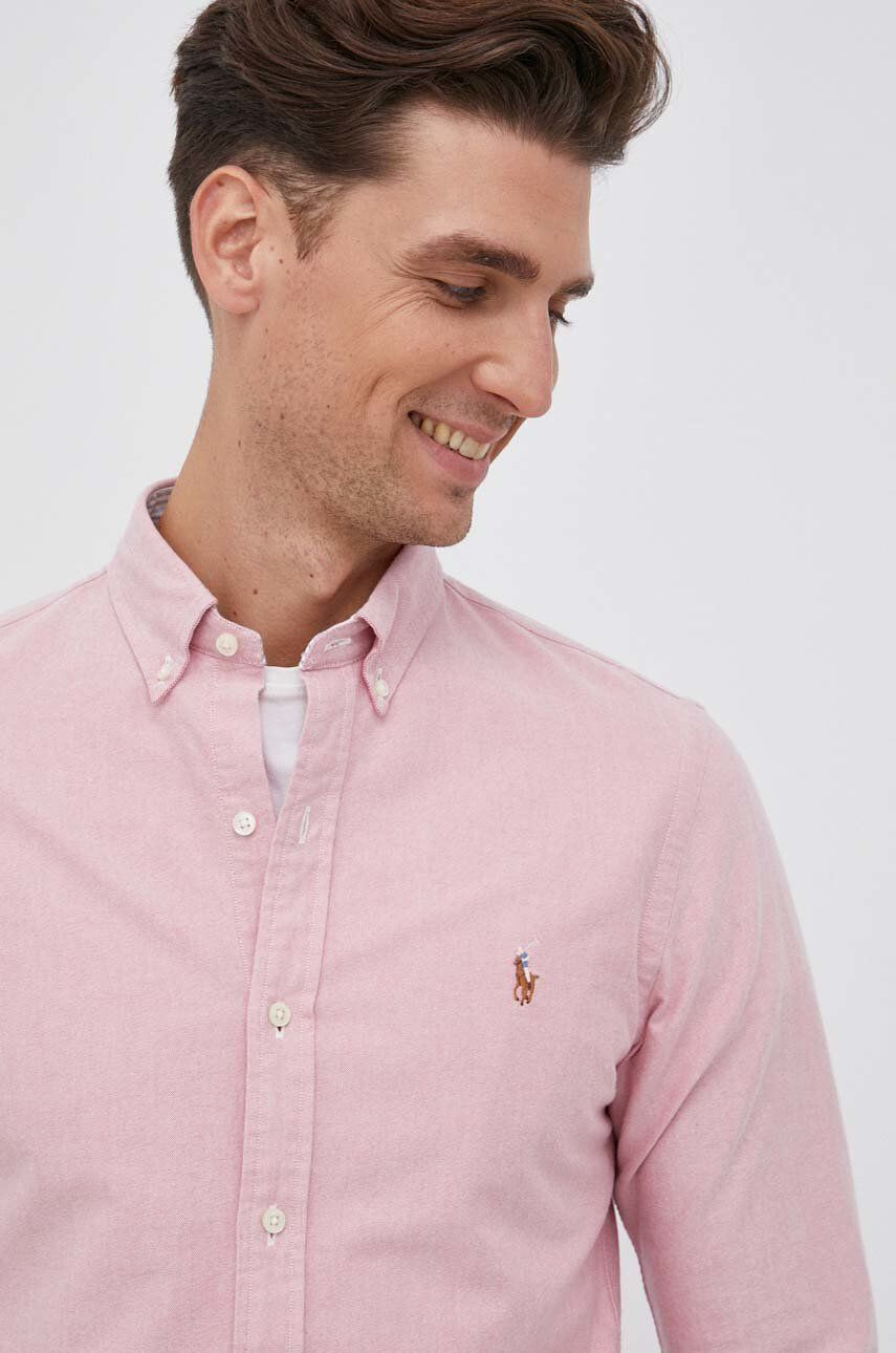 Polo Ralph Lauren Bavlněné tričko pánské růžová barva slim s límečkem button-down - Pepit.cz