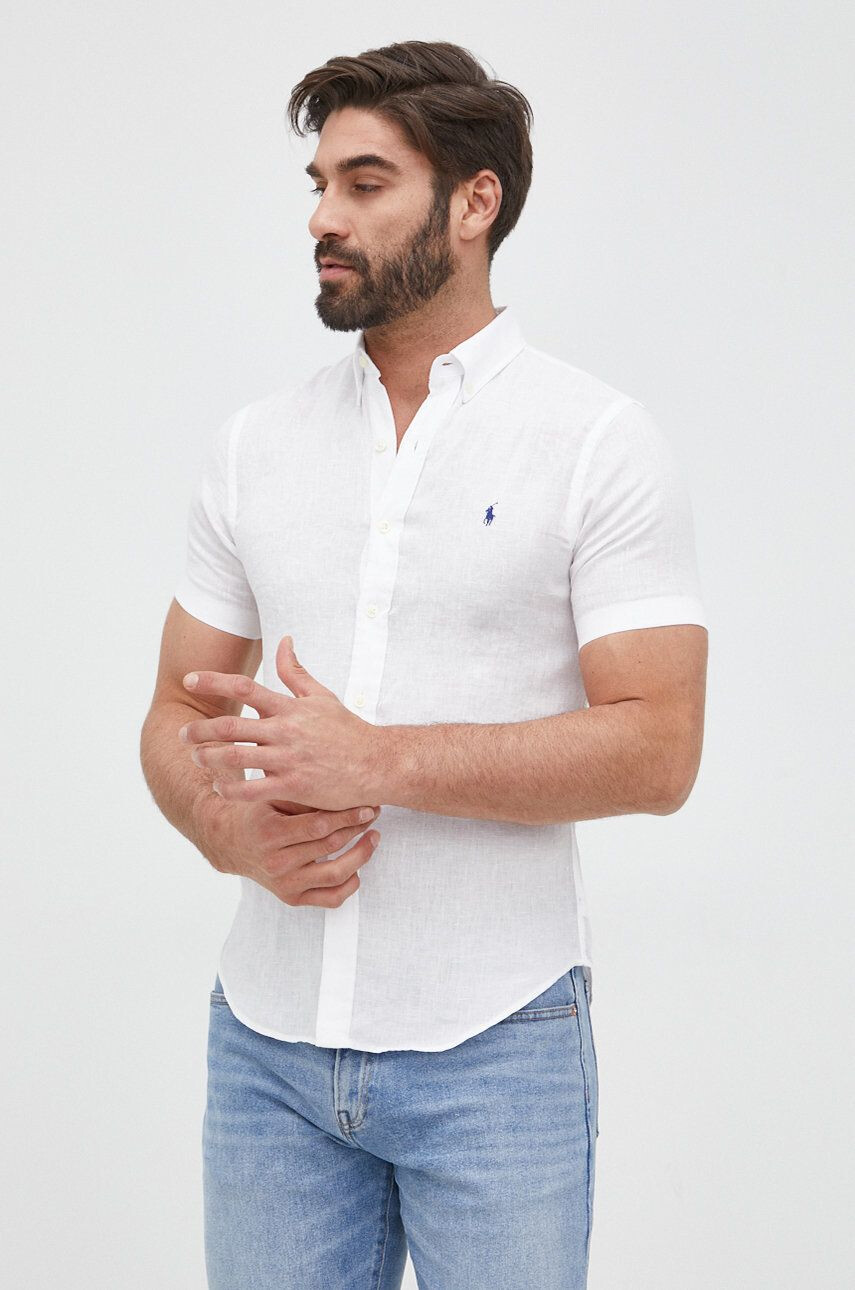 Polo Ralph Lauren Plátěná košile pánská bílá barva slim s límečkem button-down - Pepit.cz