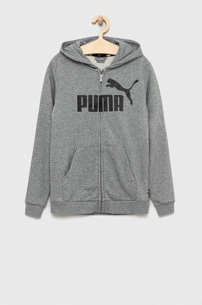 Puma Dětská mikina ESS Big Logo FZ Hoodie TR B šedá barva s kapucí vzorovaná - Pepit.cz