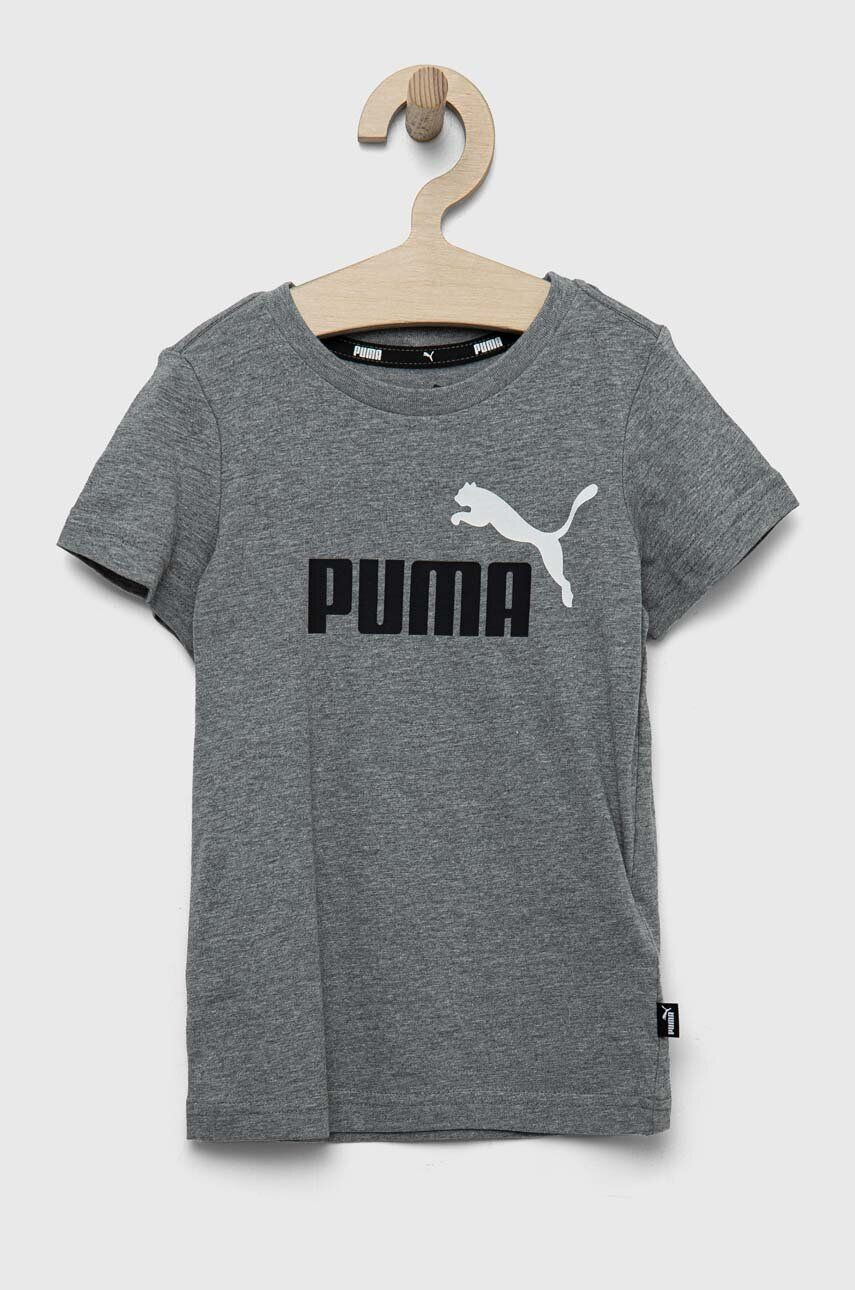 Puma Dětské bavlněné tričko ESS+ 2 Col Logo Tee B šedá barva s potiskem - Pepit.cz