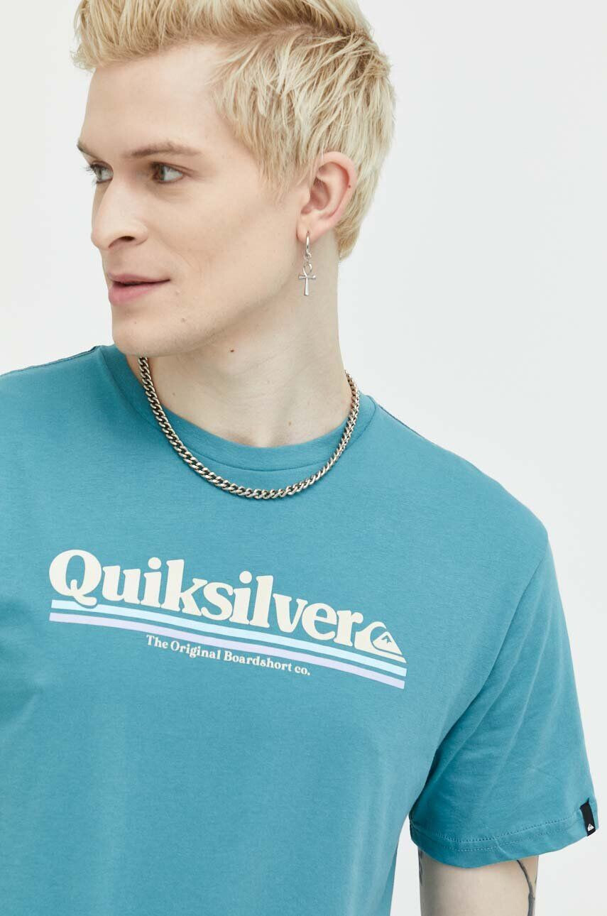 Quiksilver Bavlněné tričko tyrkysová barva s potiskem - Pepit.cz