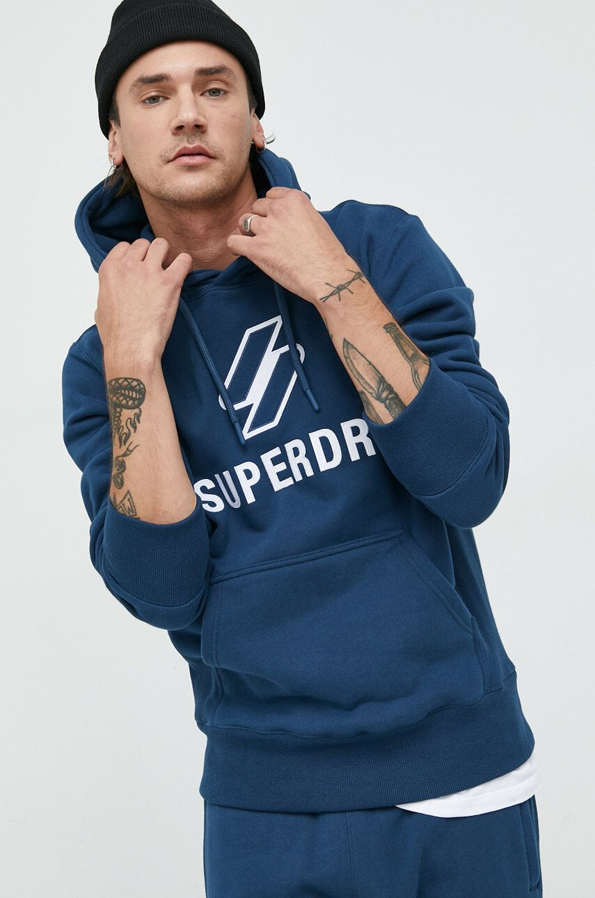 Superdry Bavlněná mikina pánská tmavomodrá barva s kapucí s aplikací - Pepit.cz