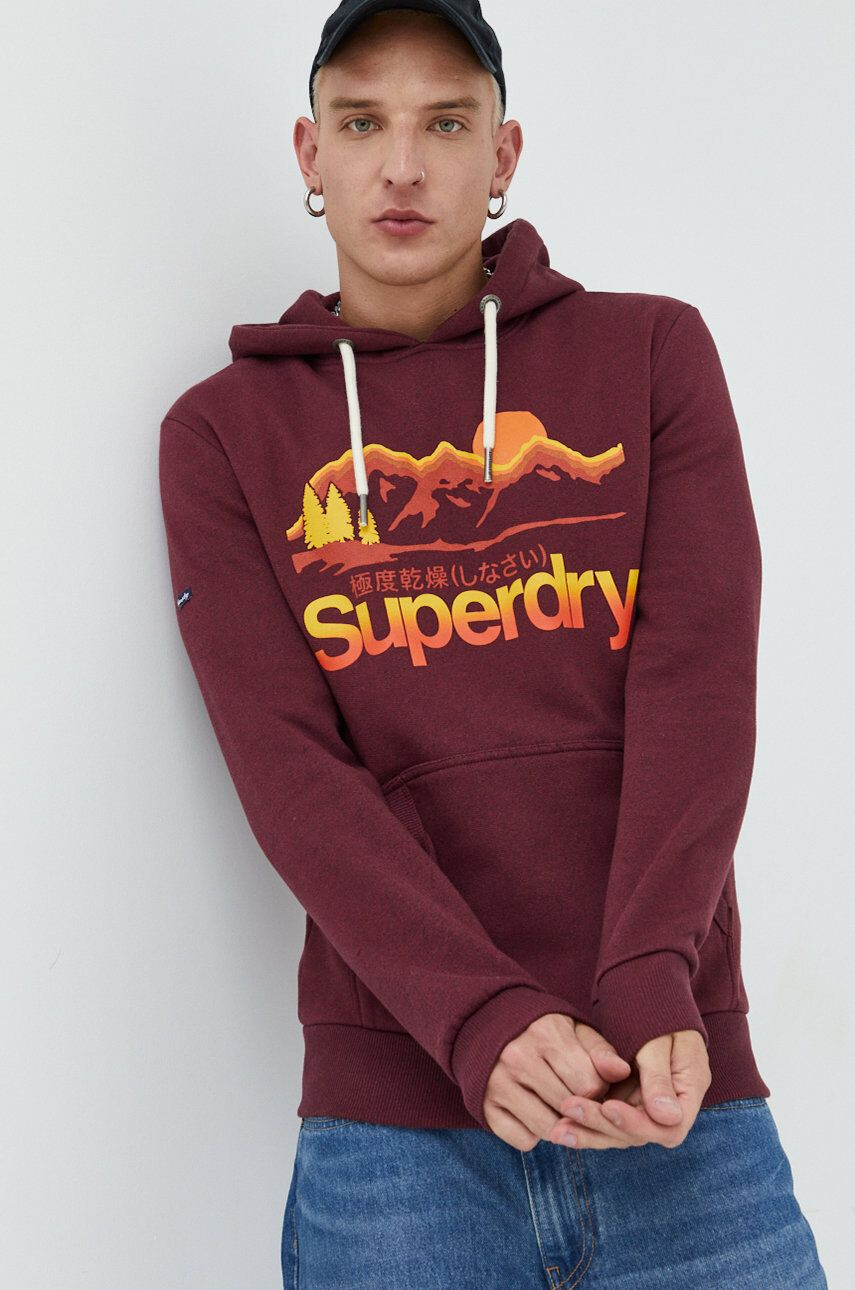 Superdry Mikina pánská vínová barva s kapucí s potiskem - Pepit.cz