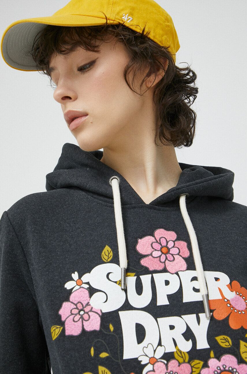 Superdry Mikina dámská šedá barva s kapucí s potiskem - Pepit.cz