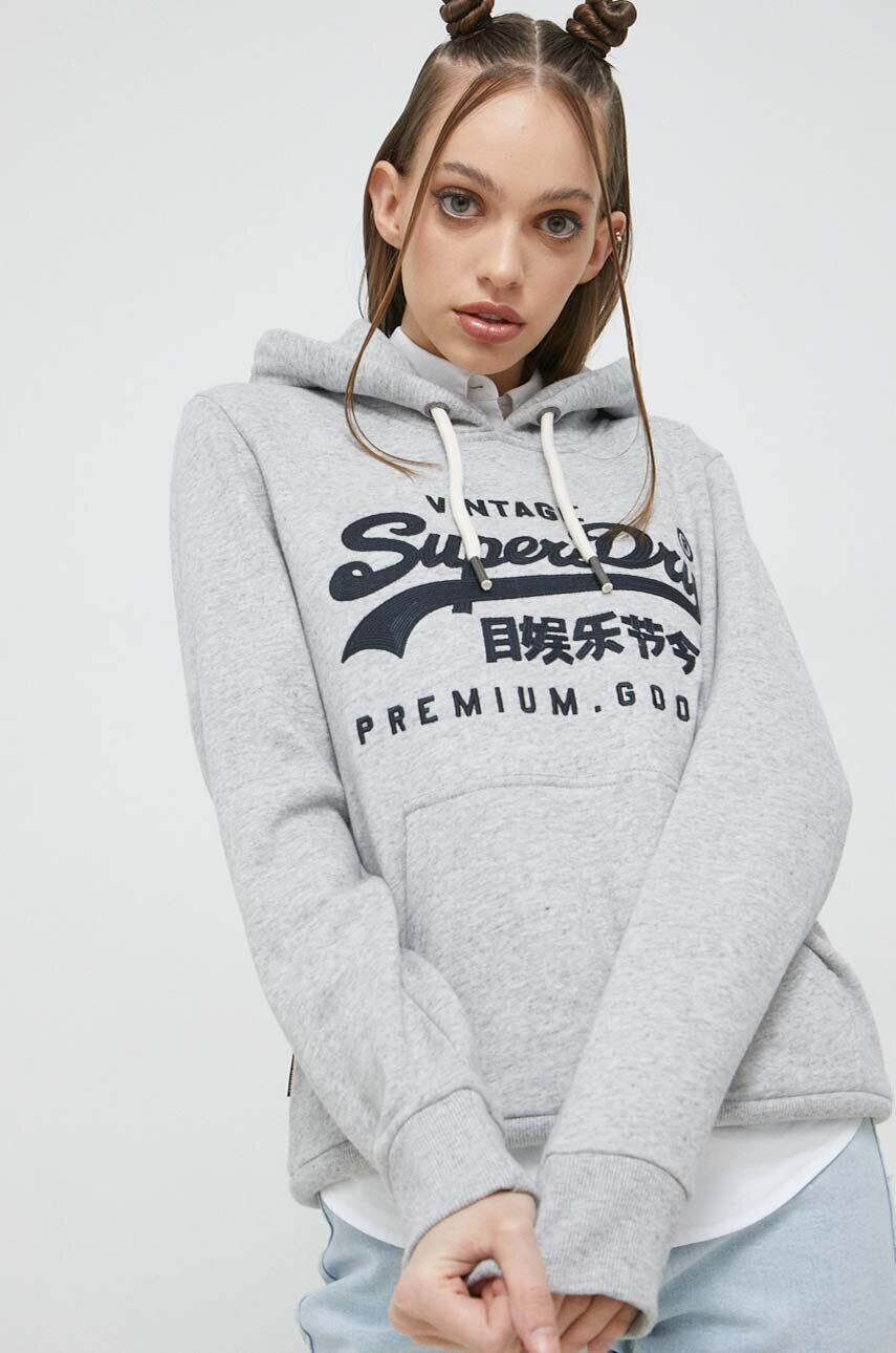 Superdry Mikina dámská šedá barva s kapucí s aplikací - Pepit.cz