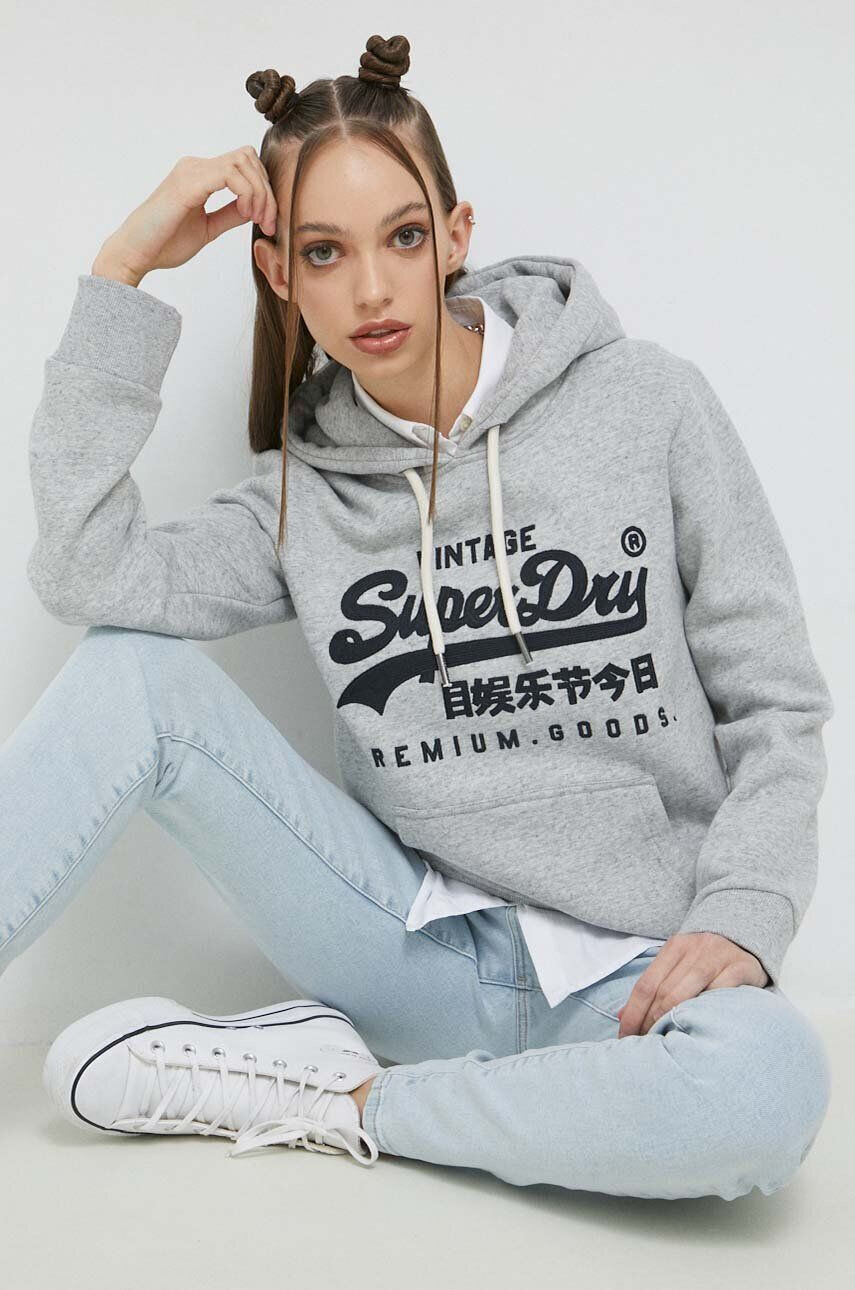 Superdry Mikina dámská šedá barva s kapucí s aplikací - Pepit.cz