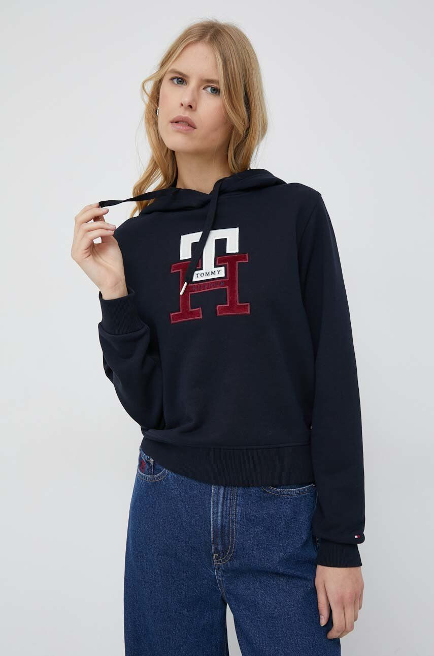 Tommy Hilfiger Bavlněná mikina dámská tmavomodrá barva s kapucí s aplikací - Pepit.cz