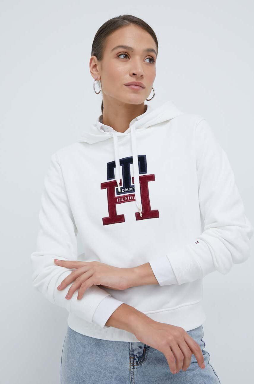 Tommy Hilfiger Bavlněná mikina dámská bílá barva s kapucí s aplikací - Pepit.cz