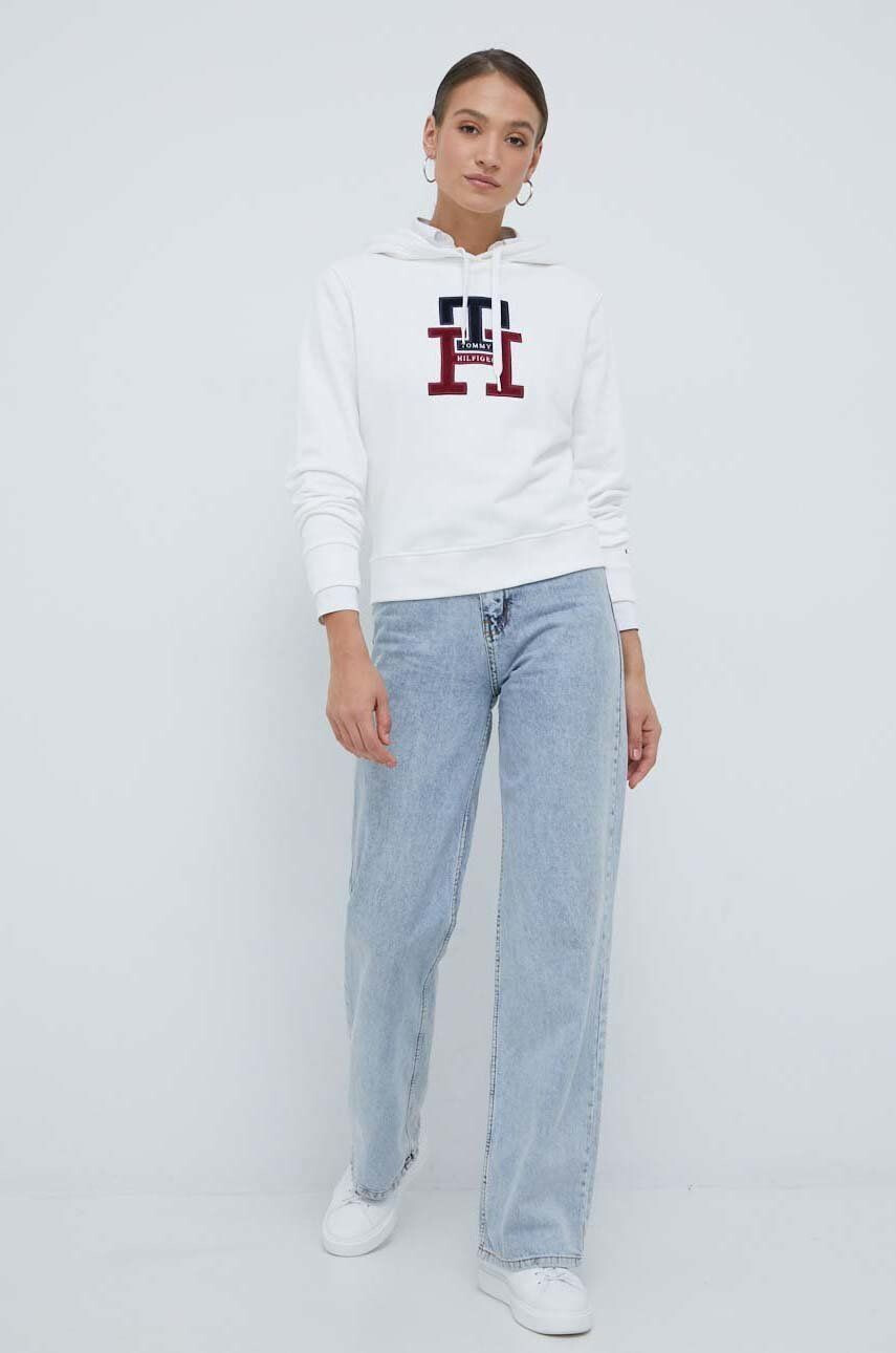 Tommy Hilfiger Bavlněná mikina dámská bílá barva s kapucí s aplikací - Pepit.cz