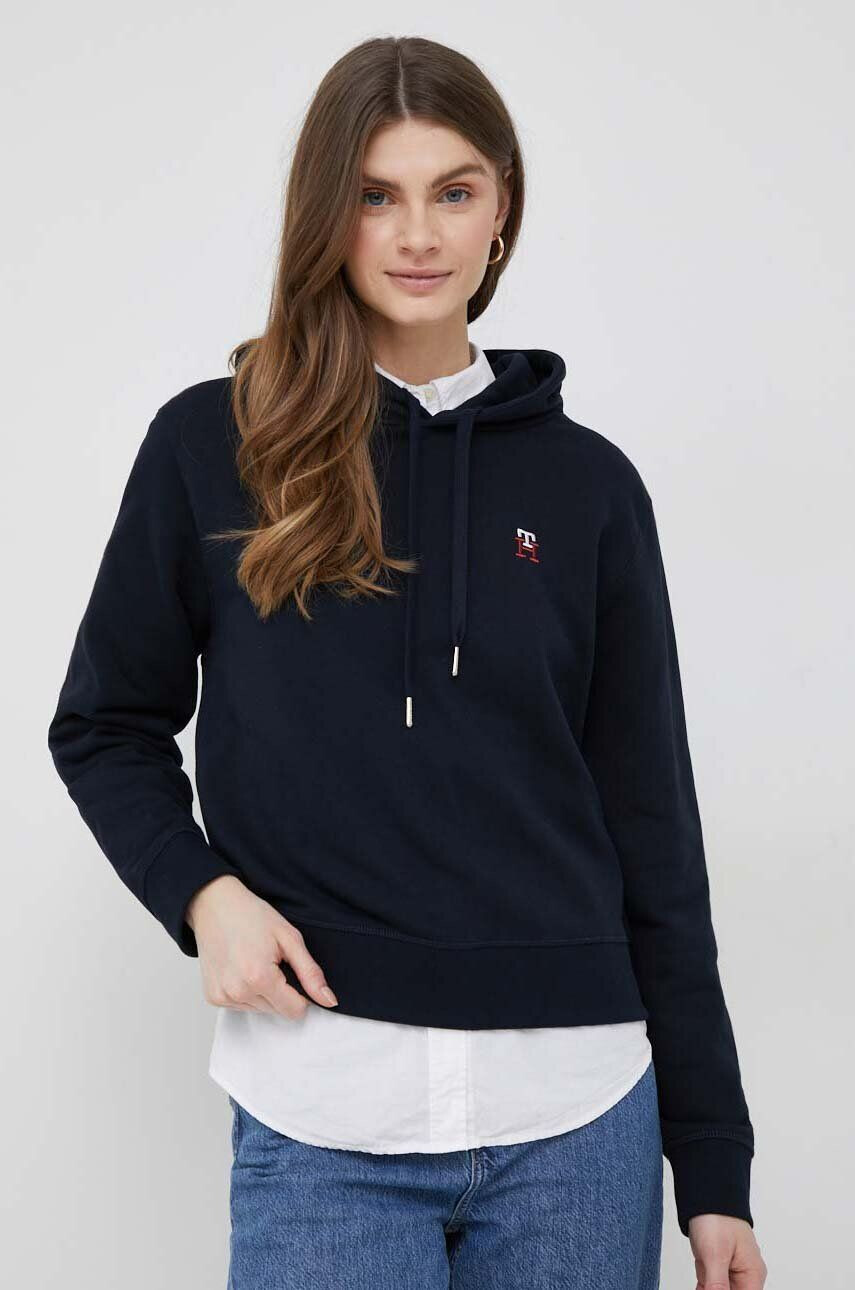 Tommy Hilfiger Bavlněná mikina dámská tmavomodrá barva s kapucí hladká - Pepit.cz