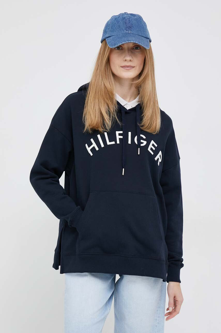 Tommy Hilfiger Bavlněná mikina dámská tmavomodrá barva s kapucí s aplikací - Pepit.cz