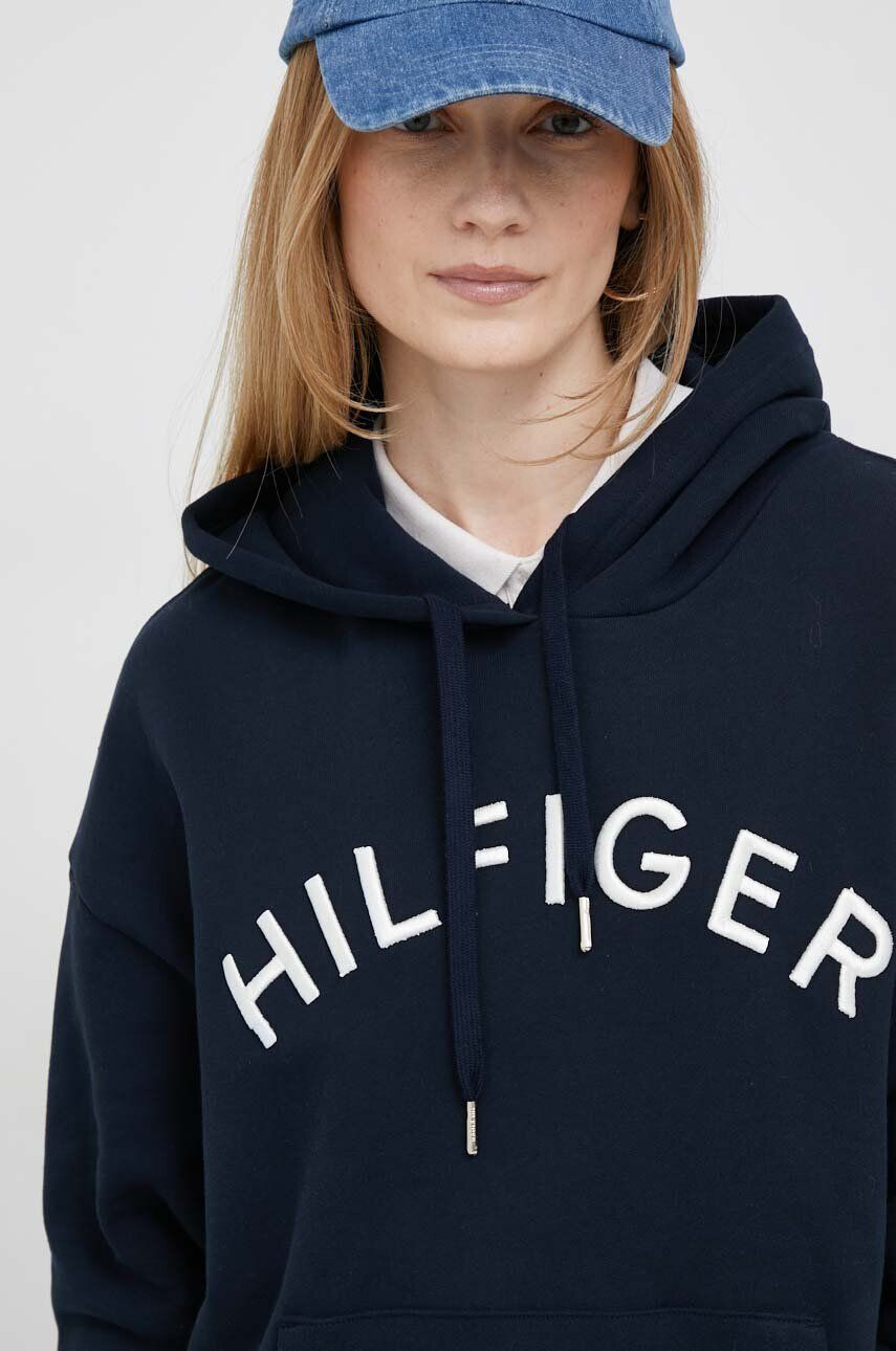 Tommy Hilfiger Bavlněná mikina dámská tmavomodrá barva s kapucí s aplikací - Pepit.cz