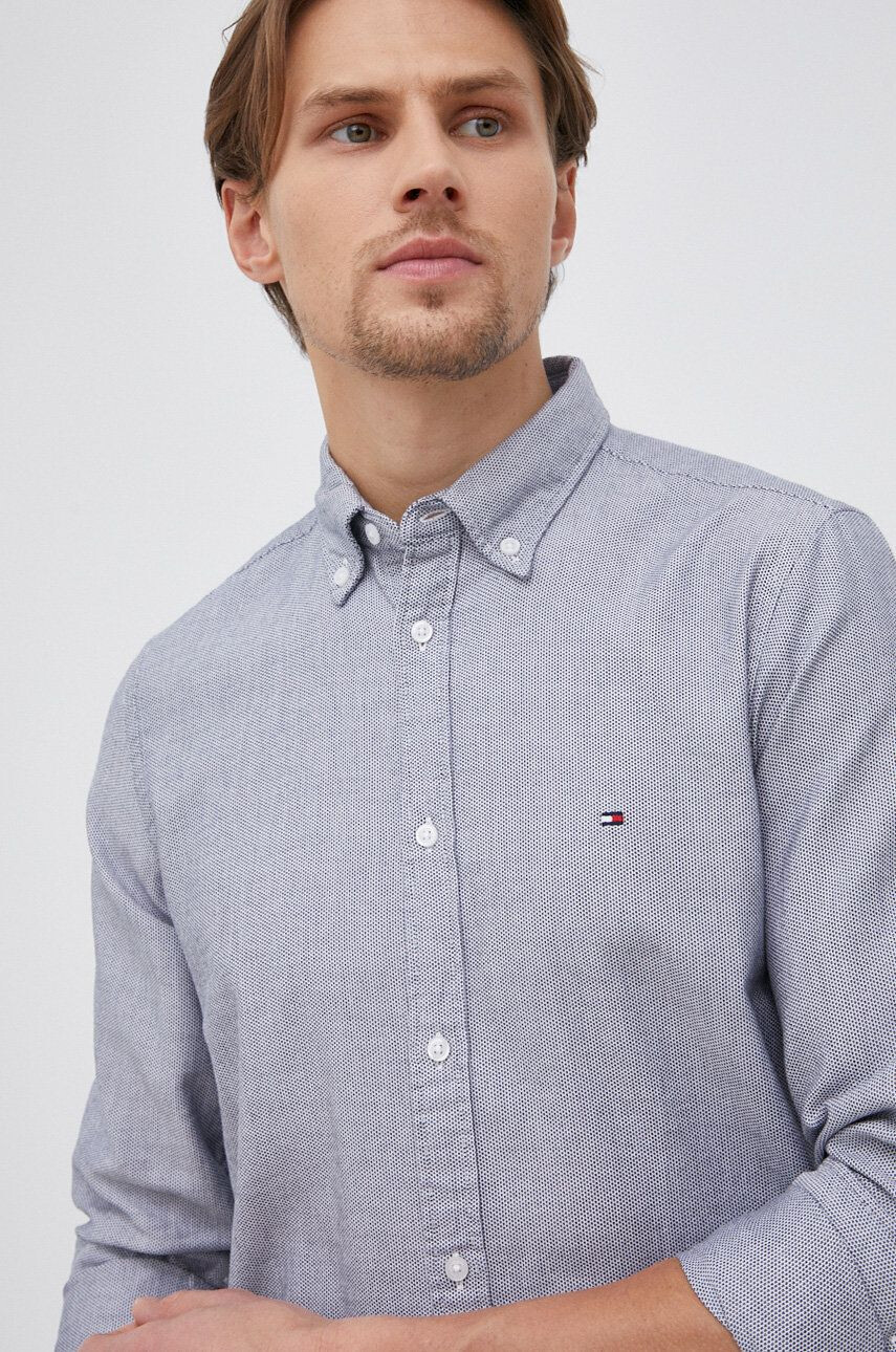 Tommy Hilfiger Bavlněné tričko pánské šedá barva slim s límečkem button-down - Pepit.cz