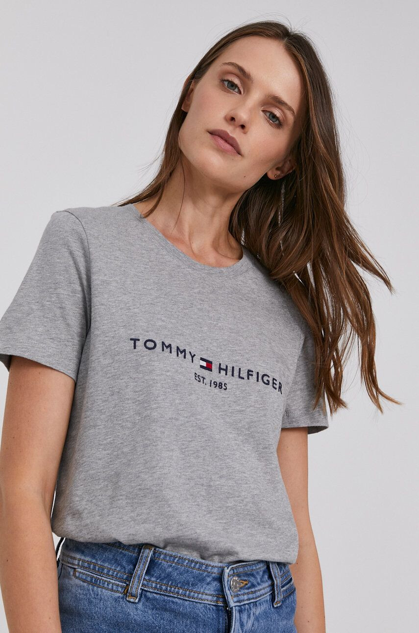 Tommy Hilfiger Bavlněné tričko šedá barva - Pepit.cz